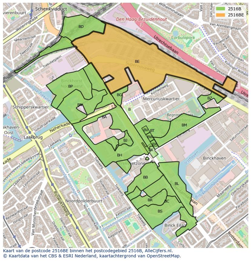 Afbeelding van het postcodegebied 2516 BE op de kaart.