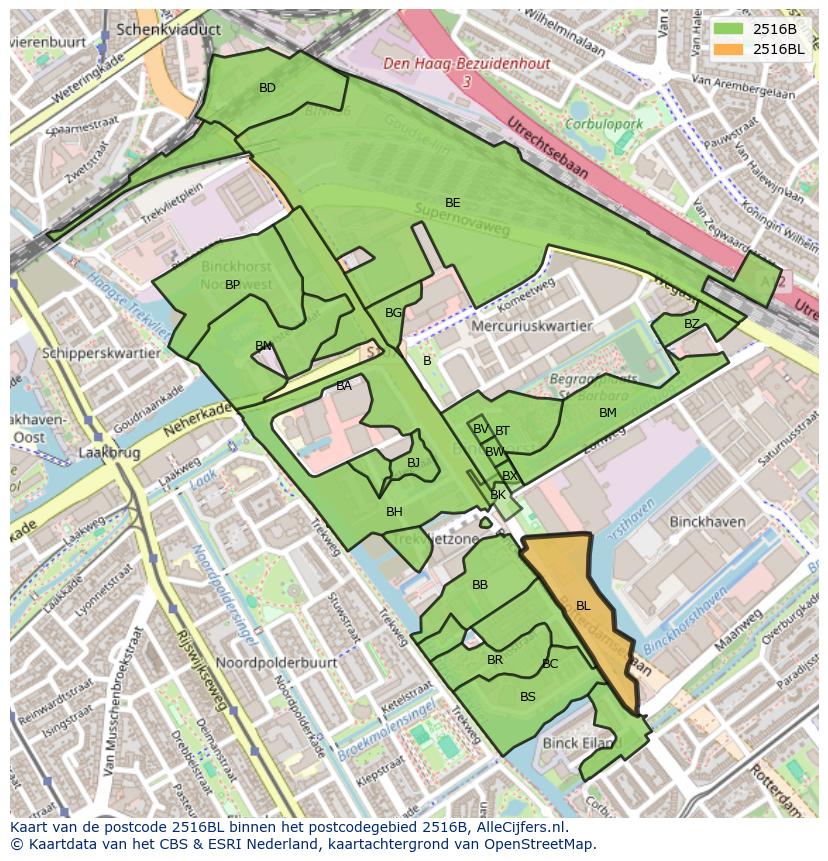 Afbeelding van het postcodegebied 2516 BL op de kaart.