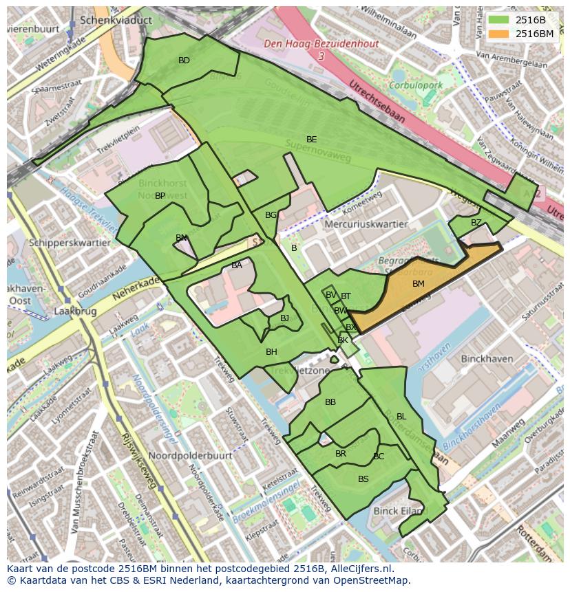 Afbeelding van het postcodegebied 2516 BM op de kaart.