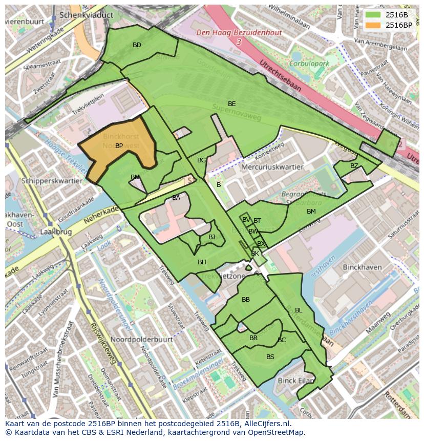 Afbeelding van het postcodegebied 2516 BP op de kaart.