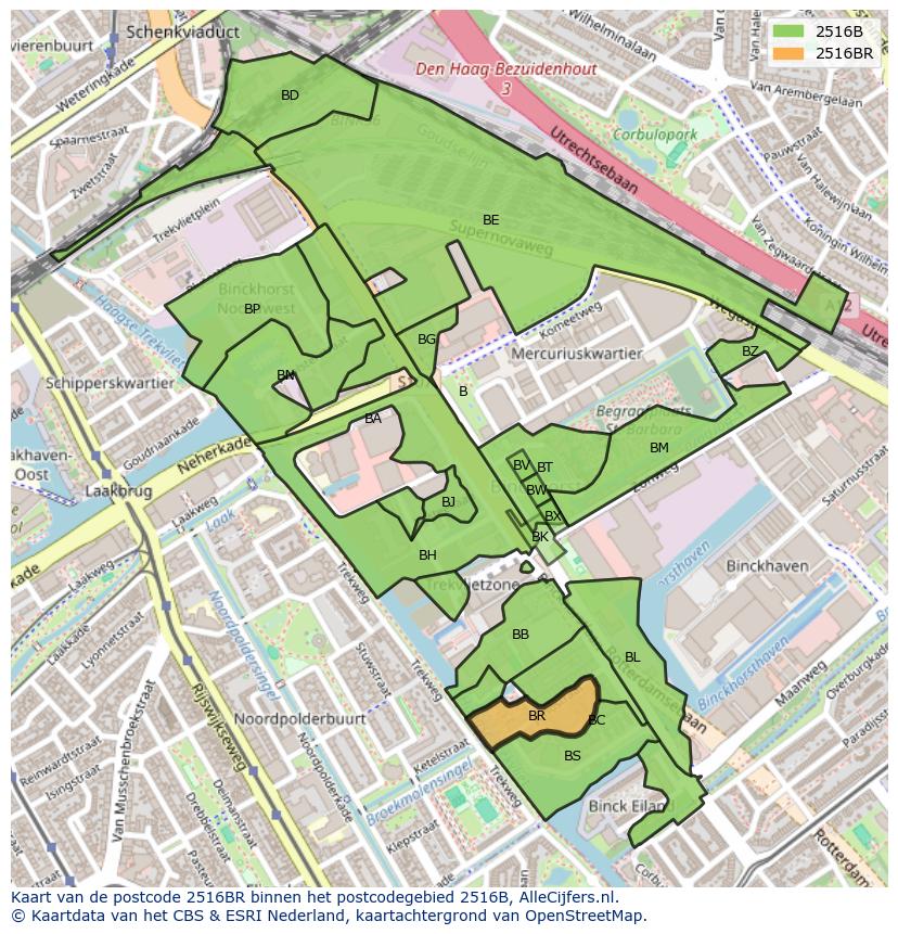 Afbeelding van het postcodegebied 2516 BR op de kaart.