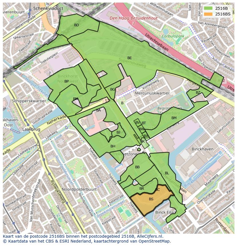 Afbeelding van het postcodegebied 2516 BS op de kaart.