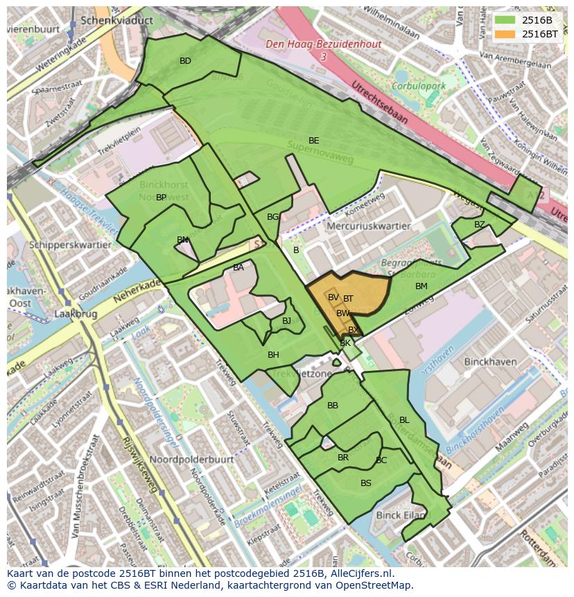Afbeelding van het postcodegebied 2516 BT op de kaart.