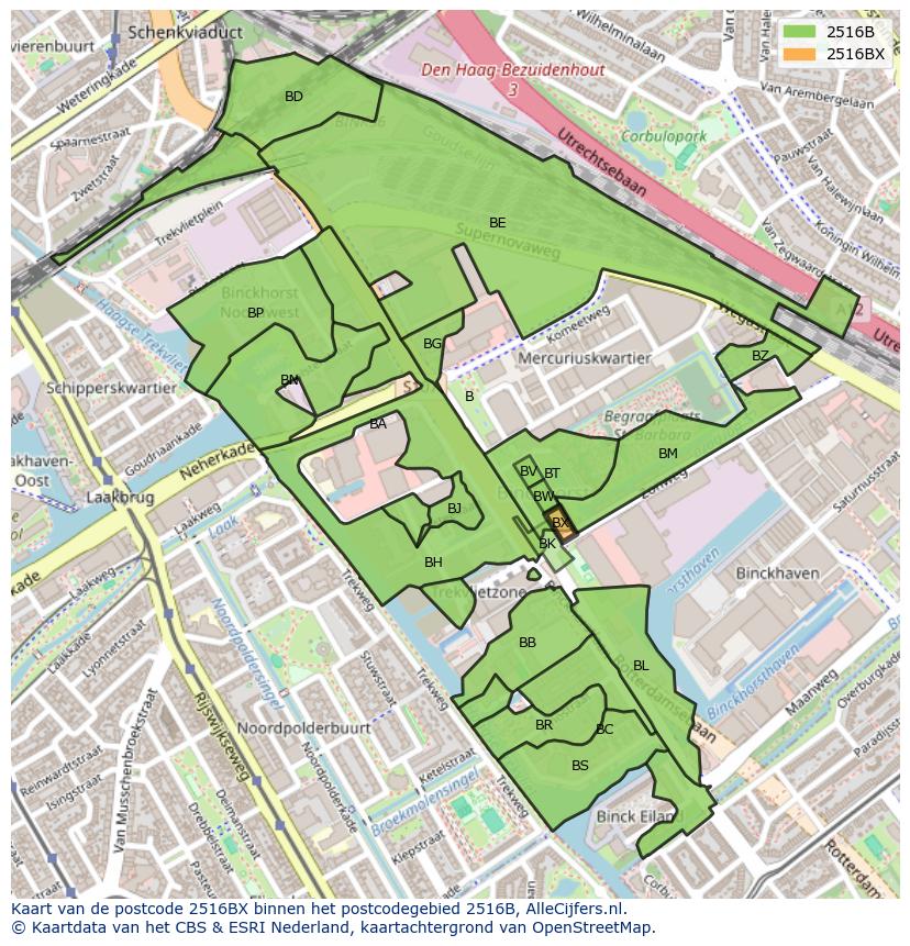 Afbeelding van het postcodegebied 2516 BX op de kaart.