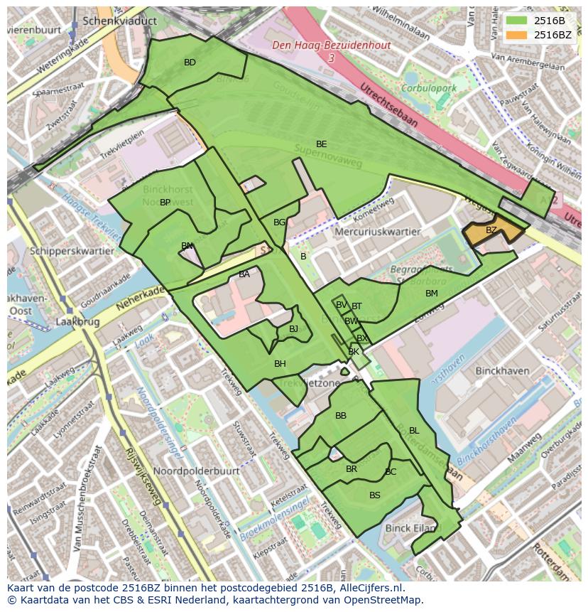 Afbeelding van het postcodegebied 2516 BZ op de kaart.