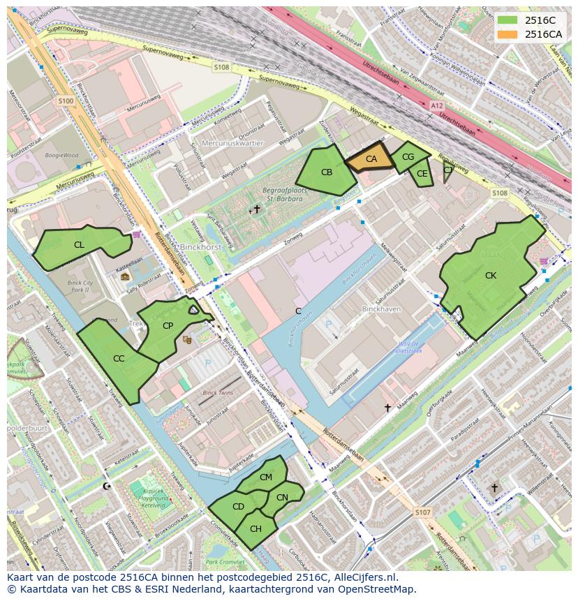 Afbeelding van het postcodegebied 2516 CA op de kaart.