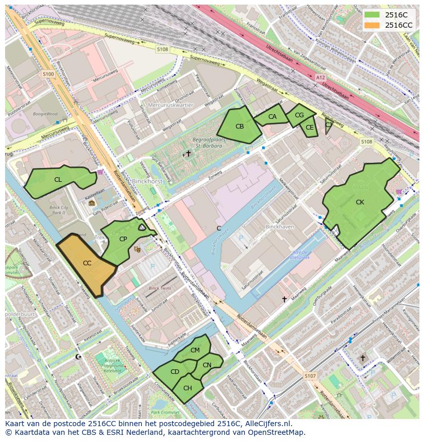 Afbeelding van het postcodegebied 2516 CC op de kaart.