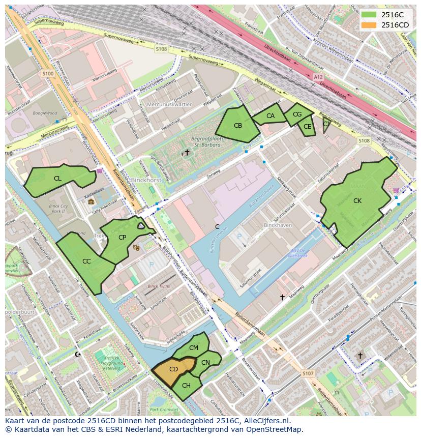 Afbeelding van het postcodegebied 2516 CD op de kaart.