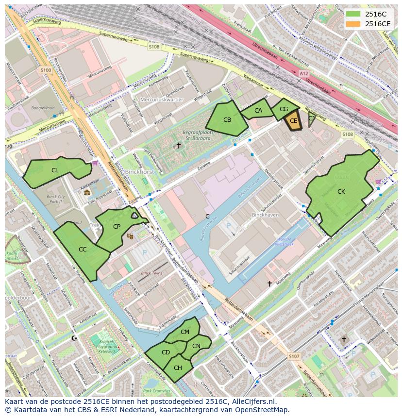 Afbeelding van het postcodegebied 2516 CE op de kaart.