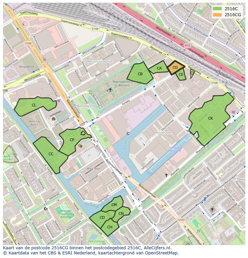 Afbeelding van het postcodegebied 2516 CG op de kaart.