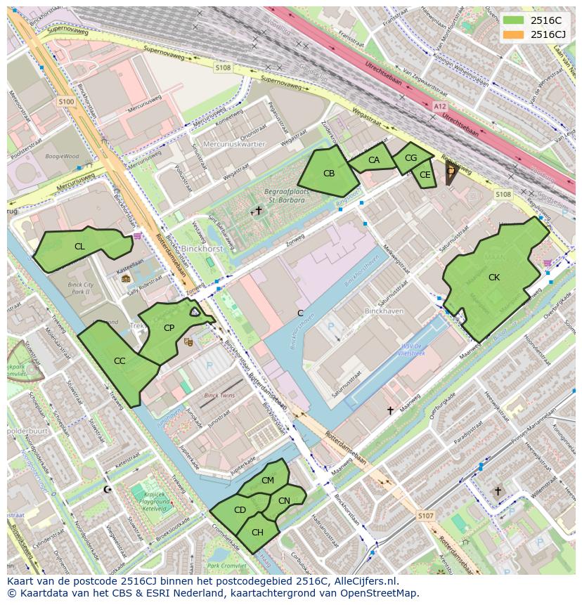 Afbeelding van het postcodegebied 2516 CJ op de kaart.