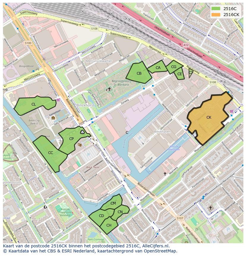 Afbeelding van het postcodegebied 2516 CK op de kaart.
