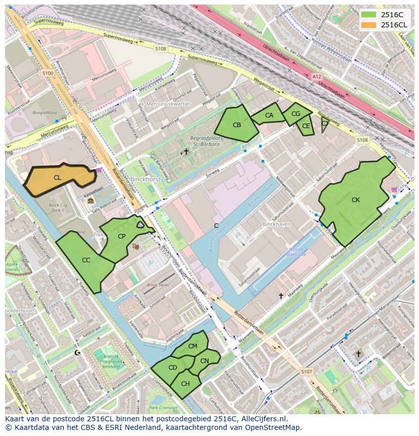 Afbeelding van het postcodegebied 2516 CL op de kaart.
