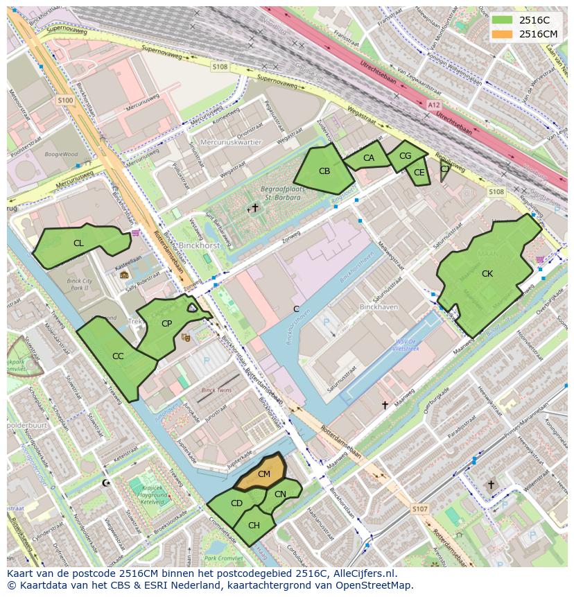 Afbeelding van het postcodegebied 2516 CM op de kaart.