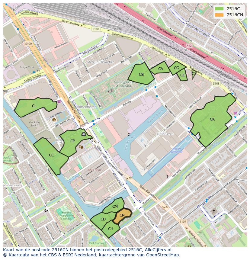 Afbeelding van het postcodegebied 2516 CN op de kaart.