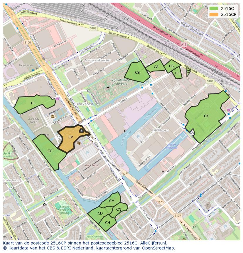 Afbeelding van het postcodegebied 2516 CP op de kaart.