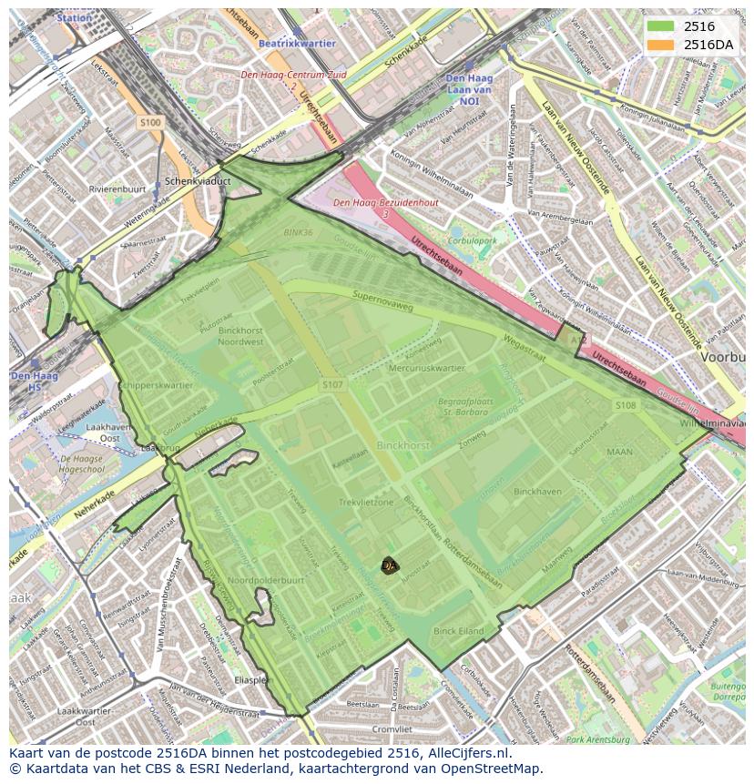 Afbeelding van het postcodegebied 2516 DA op de kaart.
