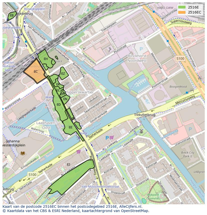 Afbeelding van het postcodegebied 2516 EC op de kaart.