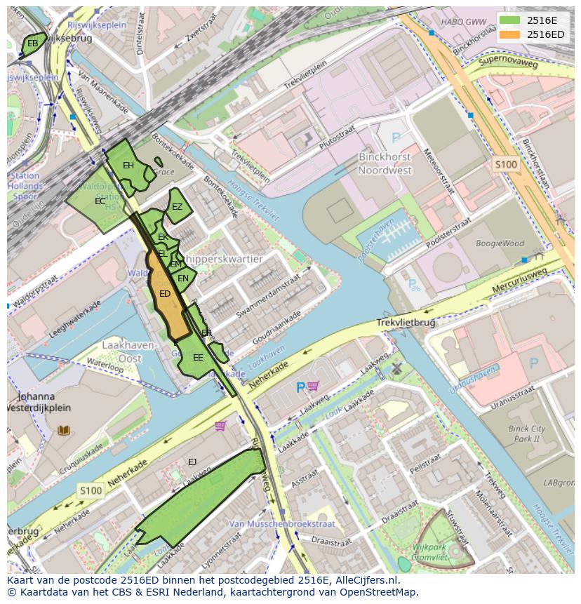 Afbeelding van het postcodegebied 2516 ED op de kaart.