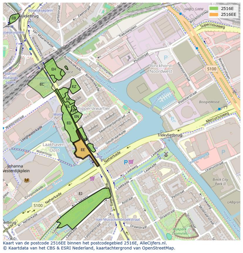 Afbeelding van het postcodegebied 2516 EE op de kaart.