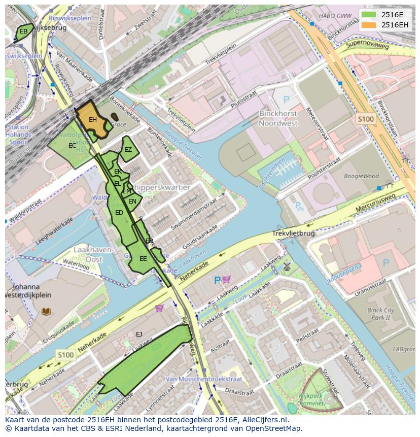 Afbeelding van het postcodegebied 2516 EH op de kaart.