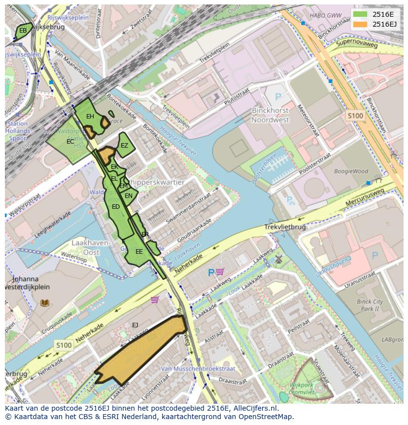 Afbeelding van het postcodegebied 2516 EJ op de kaart.