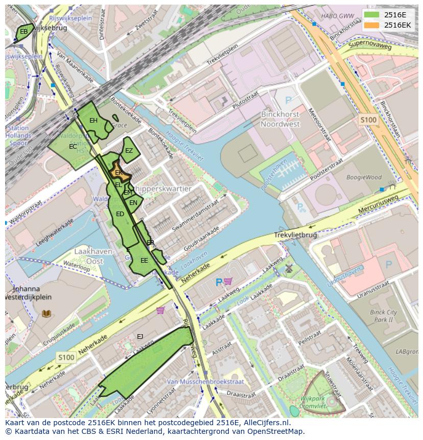 Afbeelding van het postcodegebied 2516 EK op de kaart.