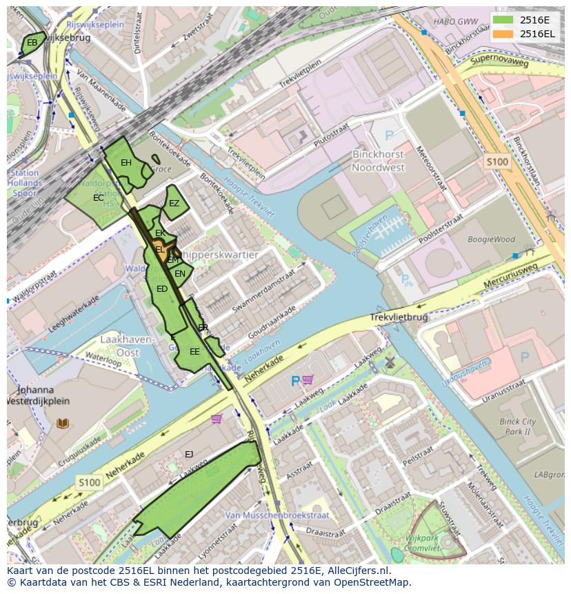 Afbeelding van het postcodegebied 2516 EL op de kaart.