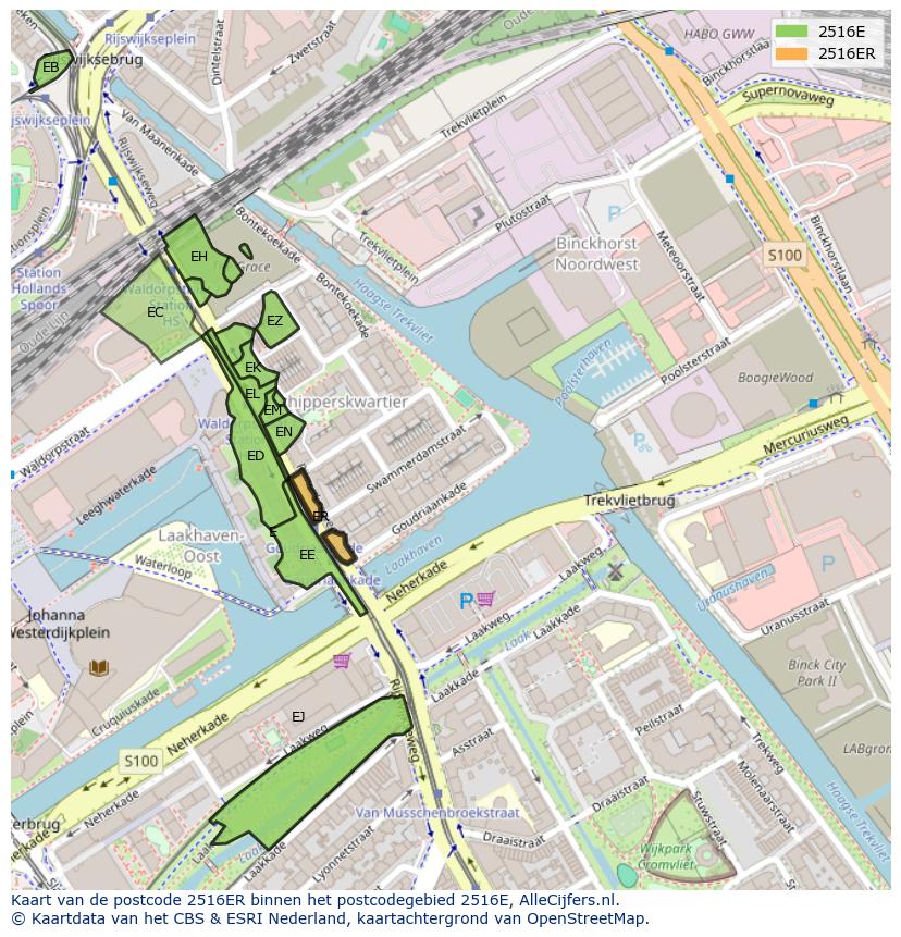 Afbeelding van het postcodegebied 2516 ER op de kaart.