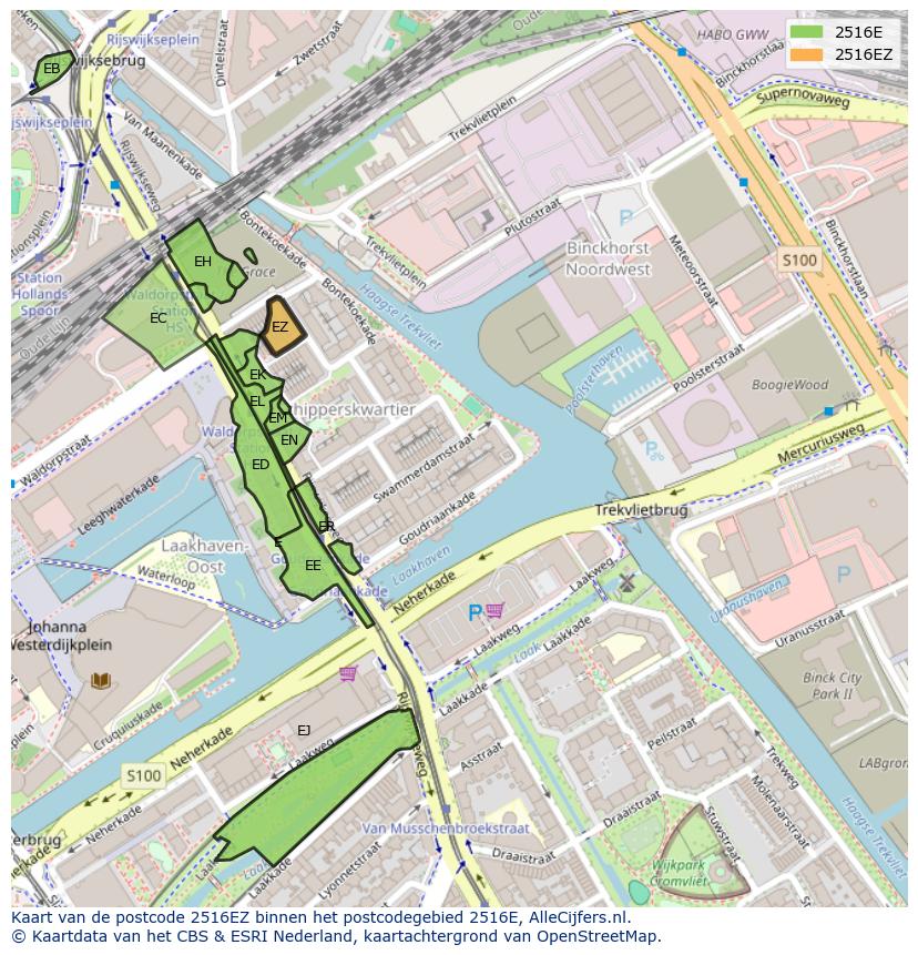 Afbeelding van het postcodegebied 2516 EZ op de kaart.