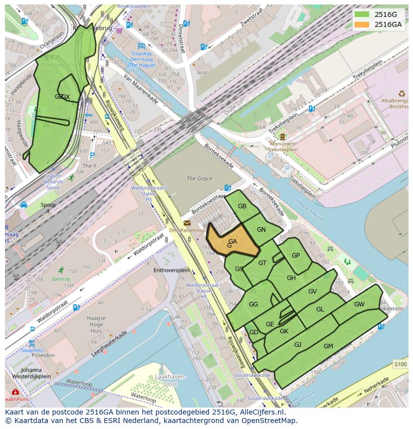 Afbeelding van het postcodegebied 2516 GA op de kaart.