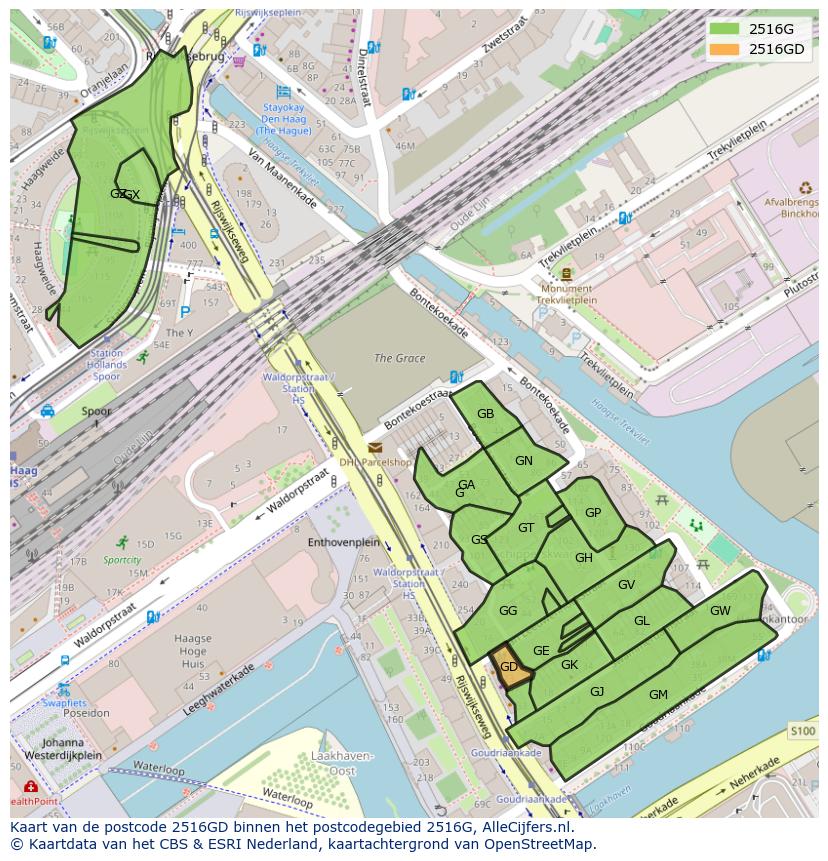 Afbeelding van het postcodegebied 2516 GD op de kaart.