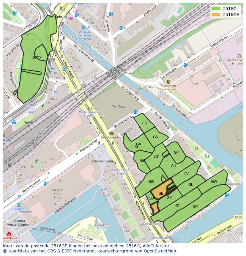 Afbeelding van het postcodegebied 2516 GE op de kaart.