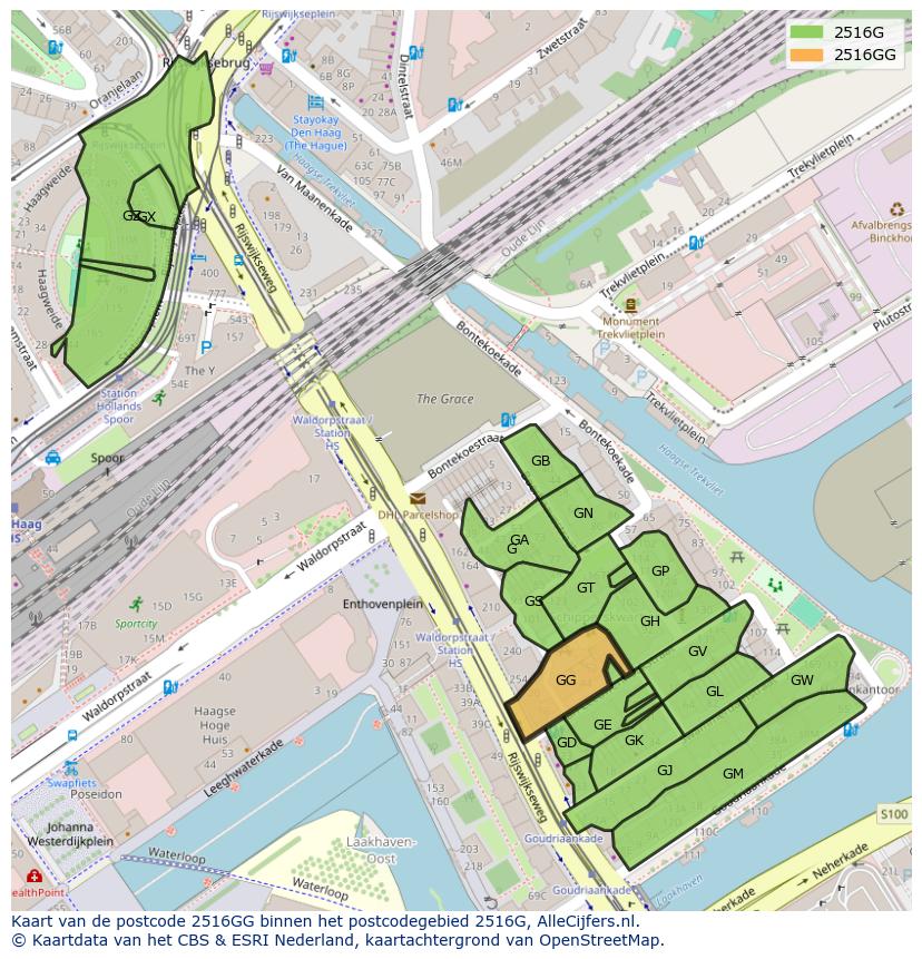 Afbeelding van het postcodegebied 2516 GG op de kaart.