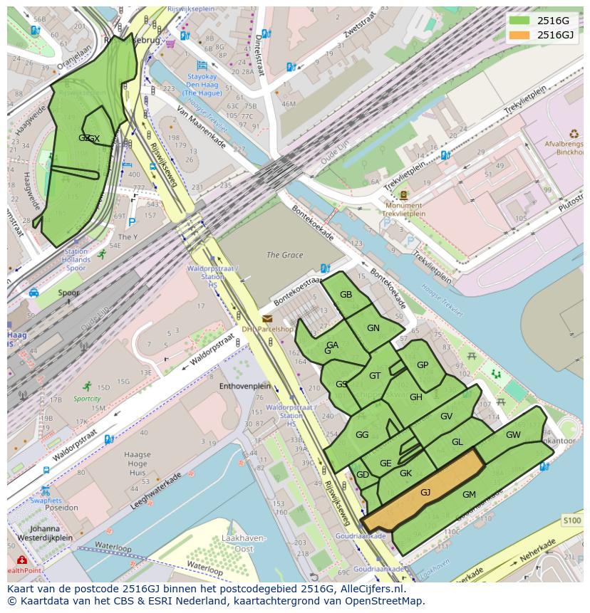 Afbeelding van het postcodegebied 2516 GJ op de kaart.