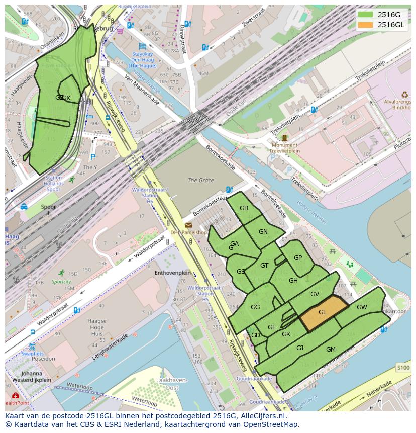 Afbeelding van het postcodegebied 2516 GL op de kaart.