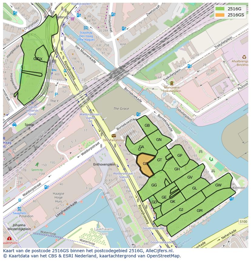 Afbeelding van het postcodegebied 2516 GS op de kaart.