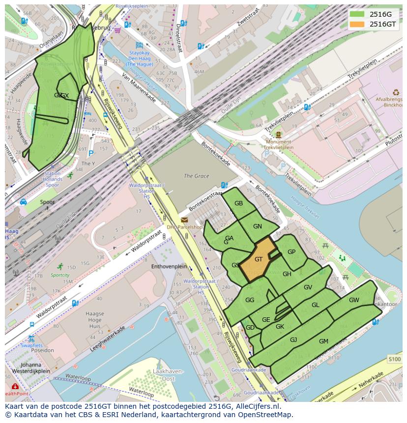 Afbeelding van het postcodegebied 2516 GT op de kaart.