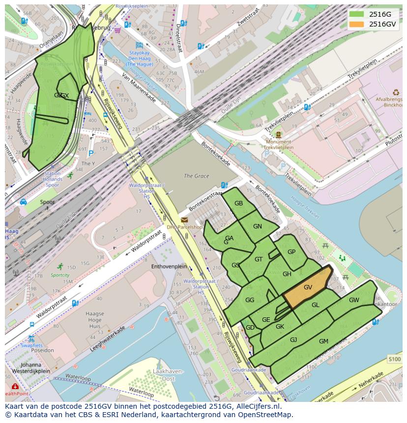 Afbeelding van het postcodegebied 2516 GV op de kaart.