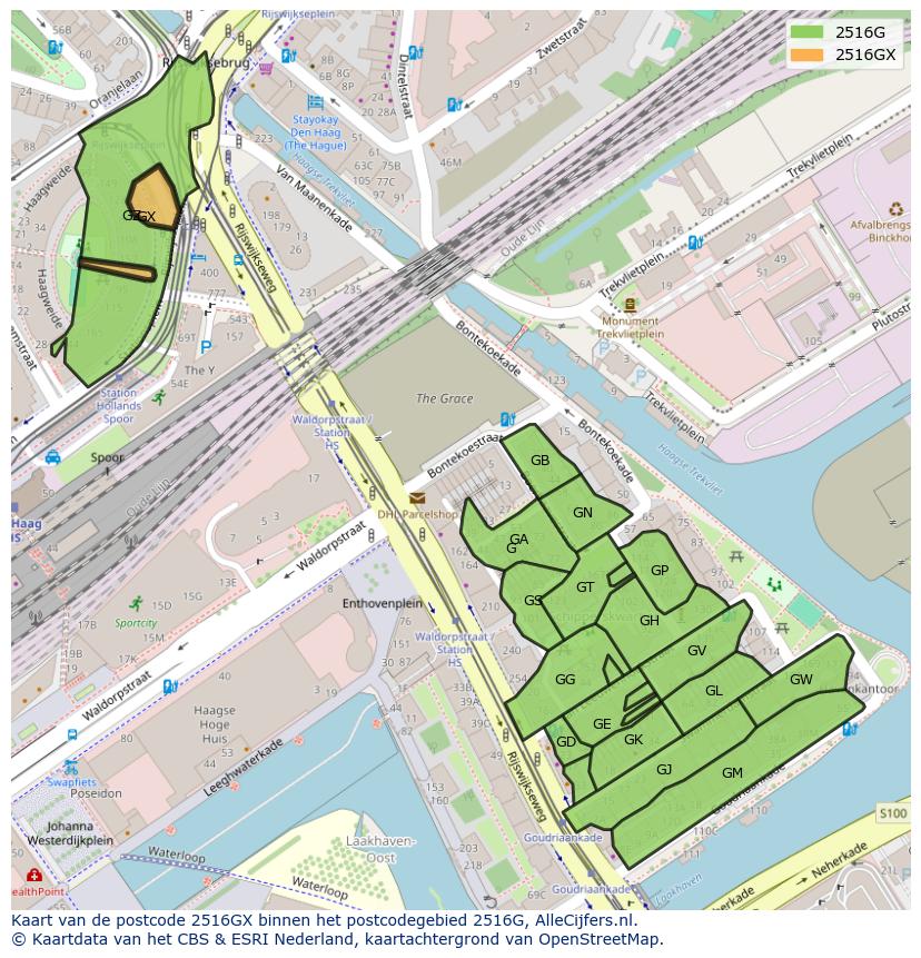 Afbeelding van het postcodegebied 2516 GX op de kaart.