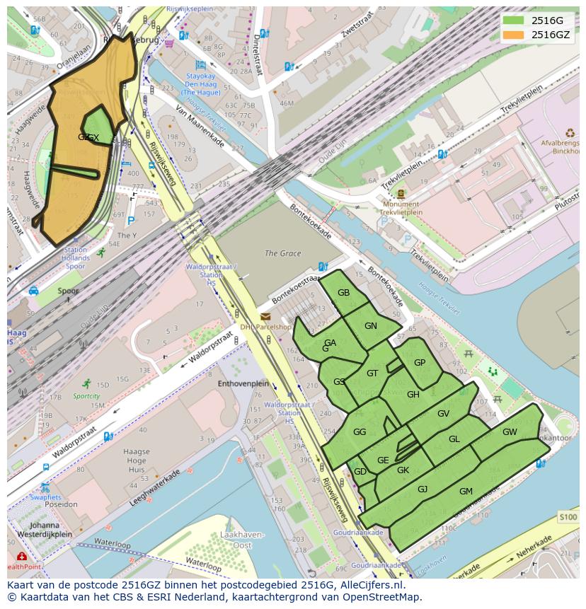 Afbeelding van het postcodegebied 2516 GZ op de kaart.