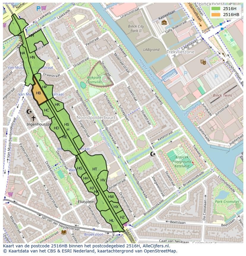 Afbeelding van het postcodegebied 2516 HB op de kaart.