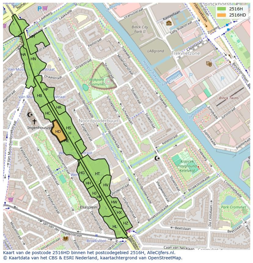 Afbeelding van het postcodegebied 2516 HD op de kaart.