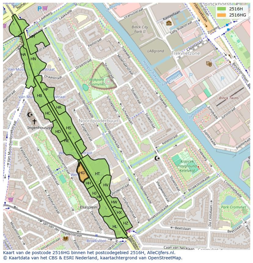 Afbeelding van het postcodegebied 2516 HG op de kaart.