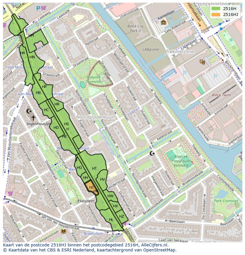 Afbeelding van het postcodegebied 2516 HJ op de kaart.