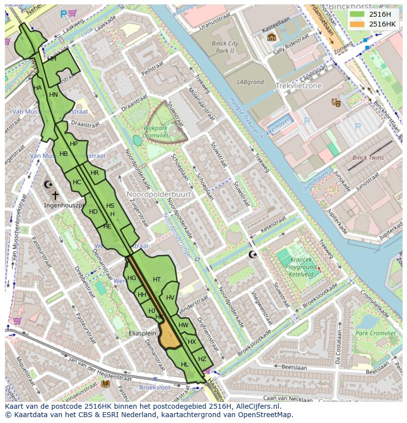 Afbeelding van het postcodegebied 2516 HK op de kaart.