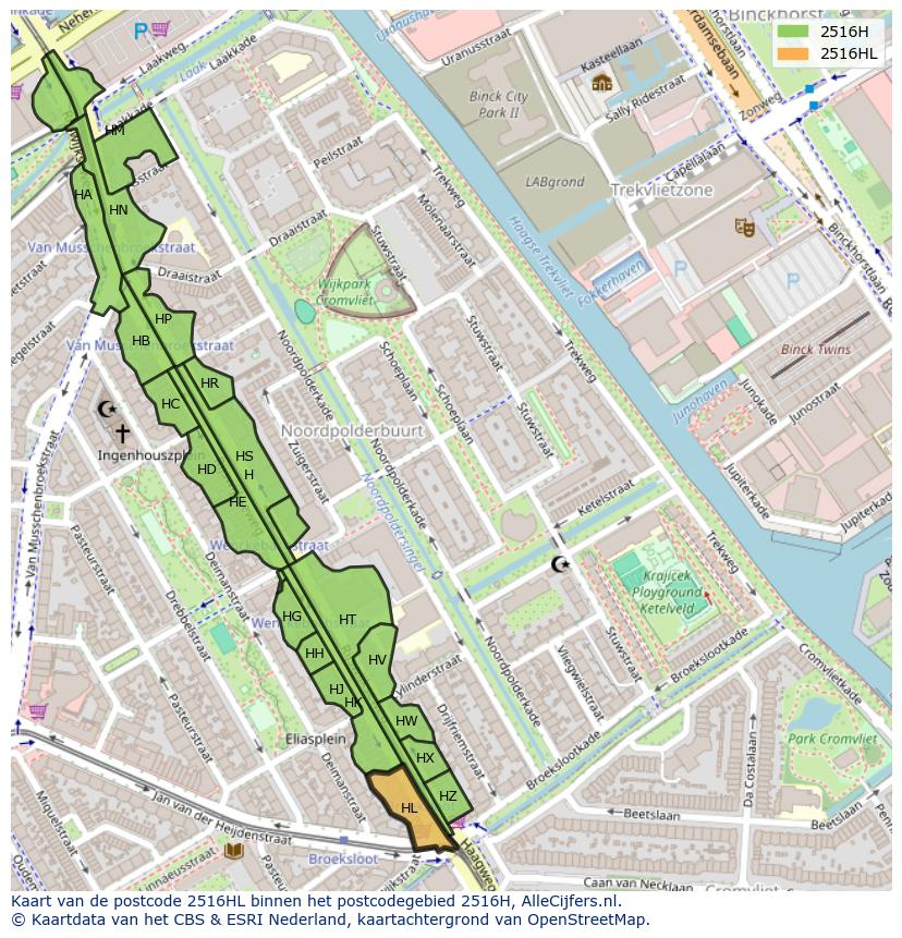 Afbeelding van het postcodegebied 2516 HL op de kaart.