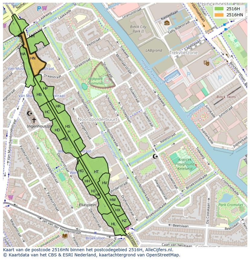 Afbeelding van het postcodegebied 2516 HN op de kaart.