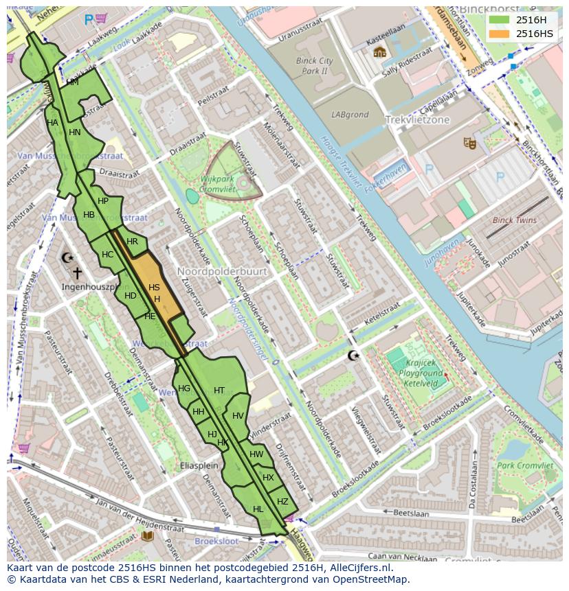 Afbeelding van het postcodegebied 2516 HS op de kaart.