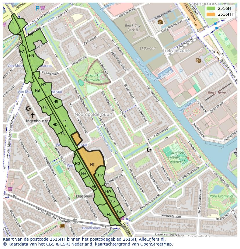 Afbeelding van het postcodegebied 2516 HT op de kaart.